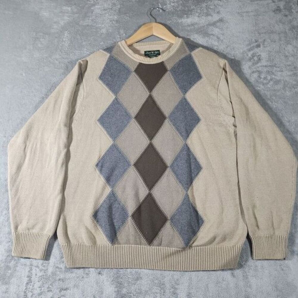 David Taylor Golf Sweater Men's Large Argyle Plaid 100% Cotton Preppy Pullover‎